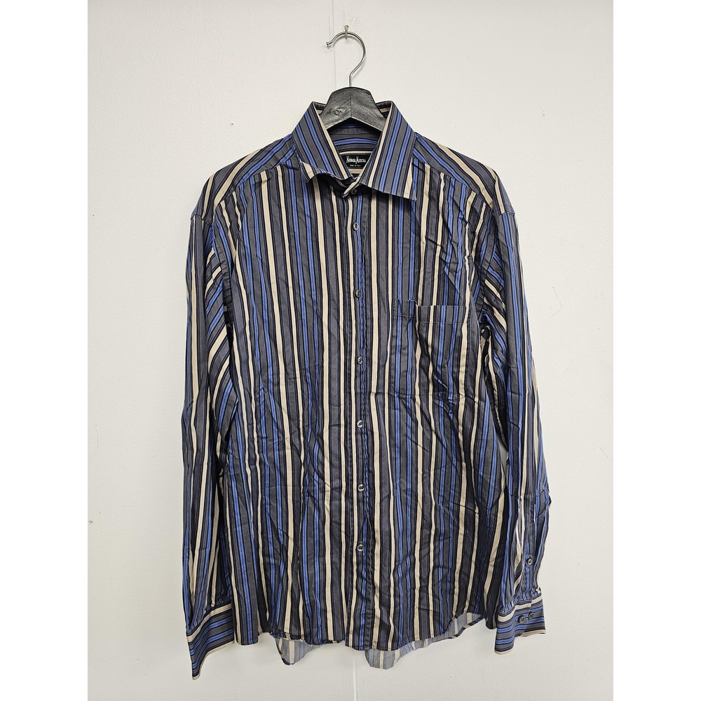 Neiman Marcus Shirt Mens Large Blue Beige Stripe Made In Italy Cotton Dress
